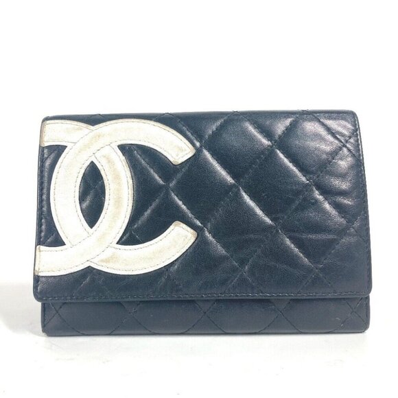 Auth CHANEL Cambon Line CC CC Mark Compact wallet Folded wallet Leather Black/Wh - Picture 1 of 15